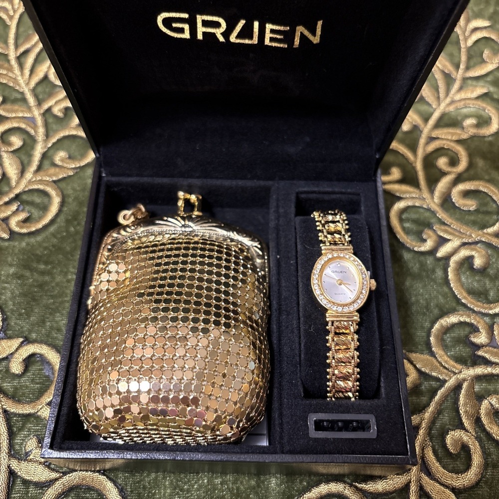 Gruen Women's Watch 18MM Gray Dial Gold Tone Bracelet Wrist Matching Purse